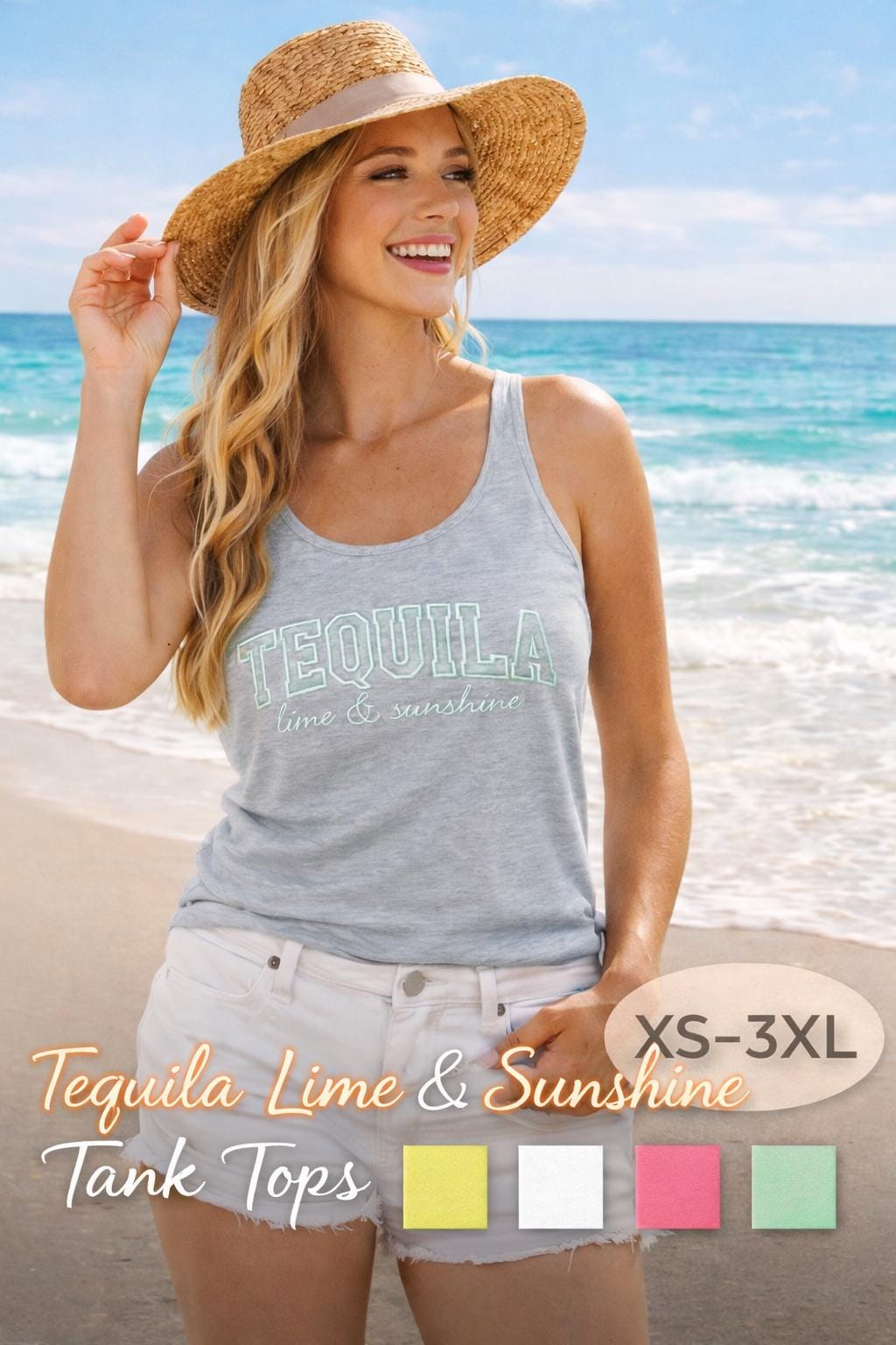Tequila Lime Sunshine Tank Top | Embroidered Summer Beach Vibes Shirt