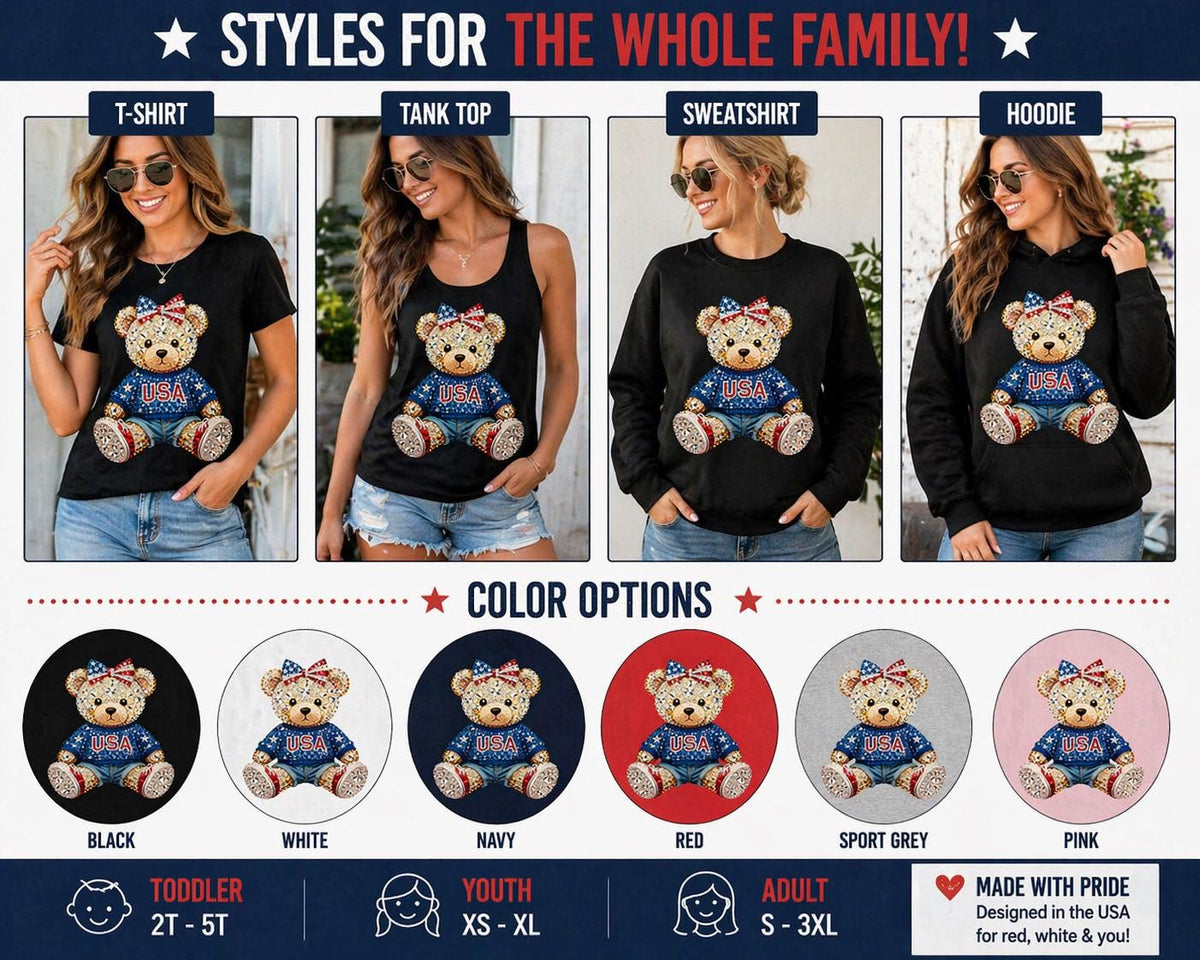 USA Rhinestone Bear Shirt | Patriotic Teddy Bear T-Shirt, Toddler Youth Adult