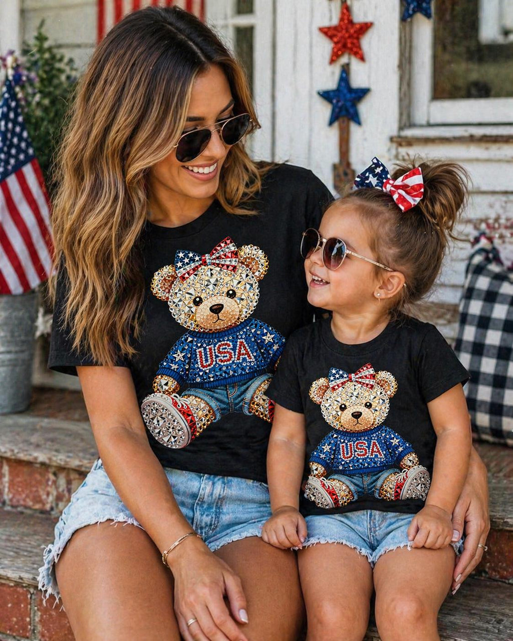 USA Rhinestone Bear Shirt | Patriotic Teddy Bear T-Shirt, Toddler Youth Adult