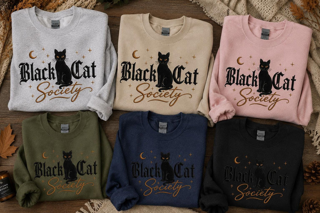 Glittery Black Cat Applique Sweatshirt | Black Cat Society Hoodie for Cat Lovers