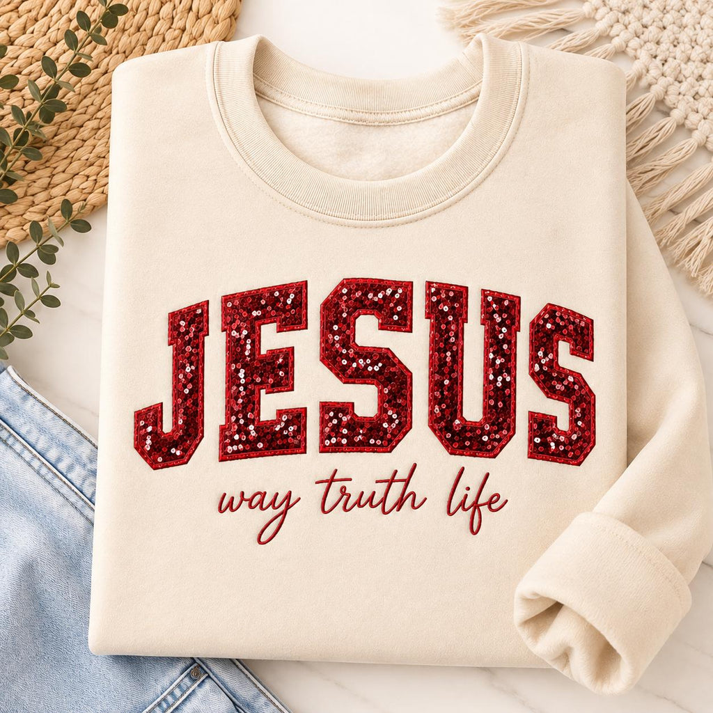 Jesus Sequin Applique Sweatshirt | Way Truth Life Faith Apparel
