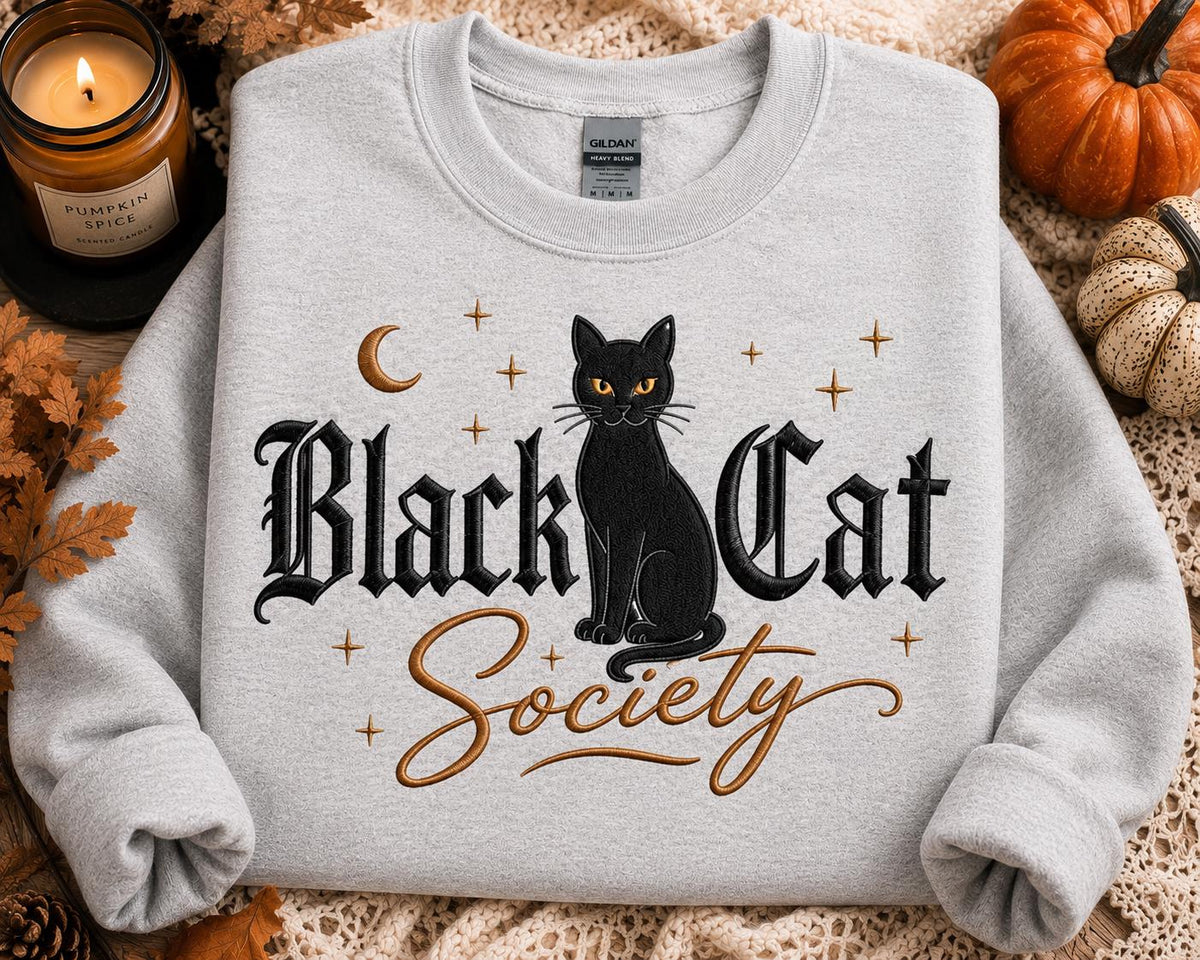 Glittery Black Cat Applique Sweatshirt | Black Cat Society Hoodie for Cat Lovers