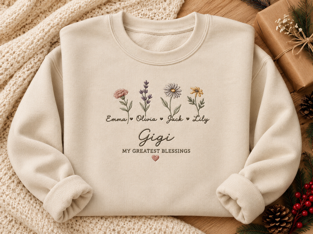 Custom Gigi Birth Flower Embroidered Crewneck – Names & Flowers
