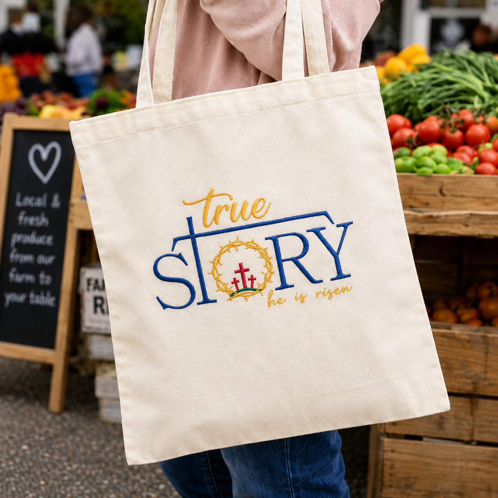 Embroidered Christian Tote Bag, He is Risen Canvas Faith Bag