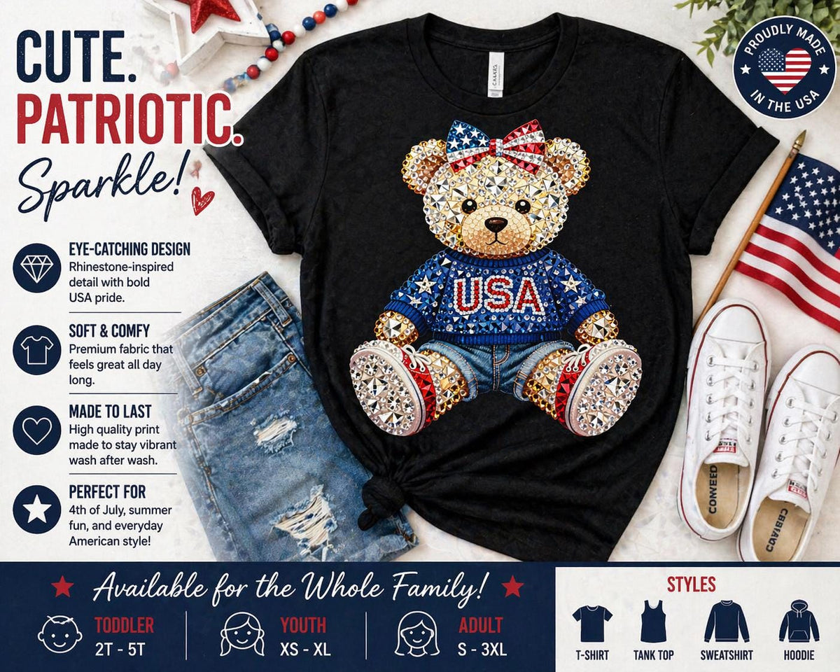USA Rhinestone Bear Shirt | Patriotic Teddy Bear T-Shirt, Toddler Youth Adult