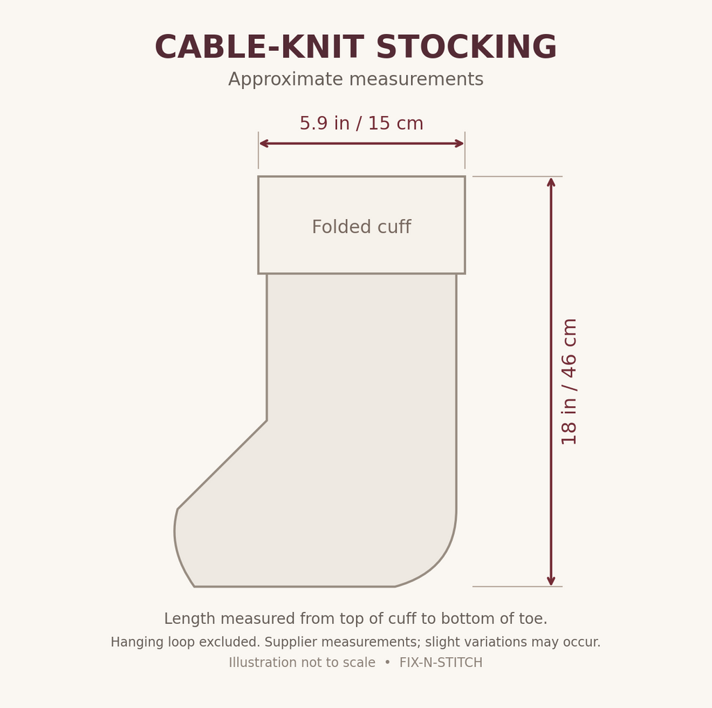 Cable-knit stocking supplier measurements: approximately 18 inches (46 cm) long and 5.9 inches (15 cm) across the cuff
