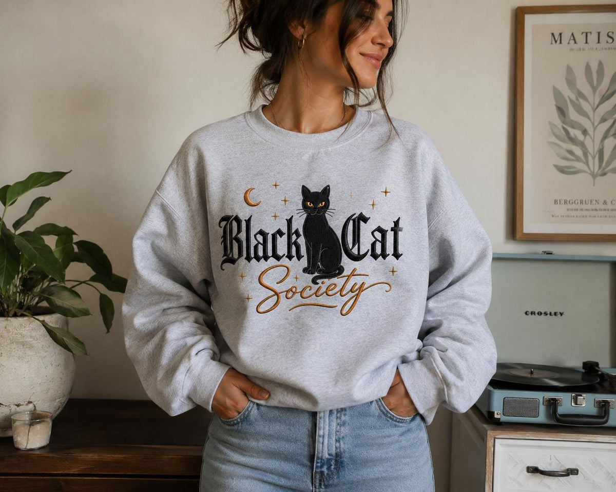 Glittery Black Cat Applique Sweatshirt | Black Cat Society Hoodie for Cat Lovers