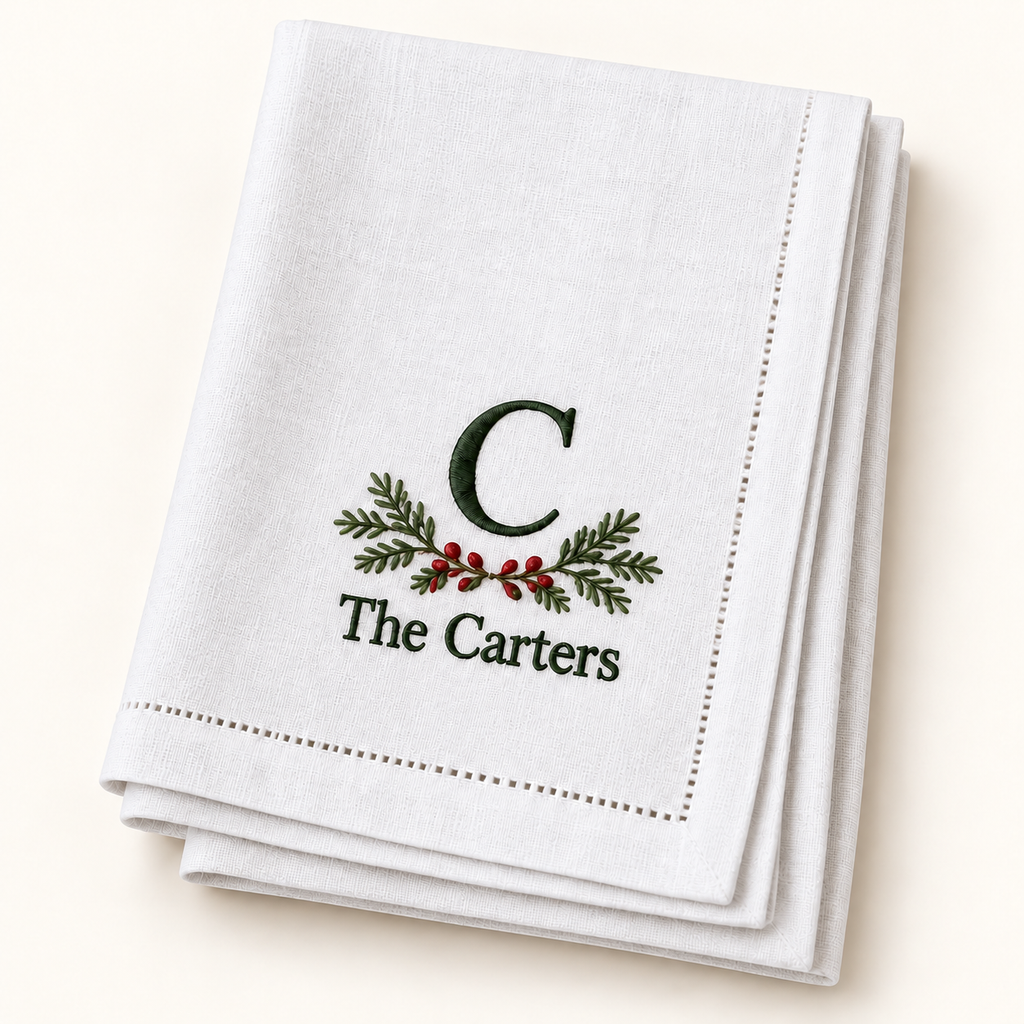 White hemstitched napkins with personalized Christmas monogram — digital mockup