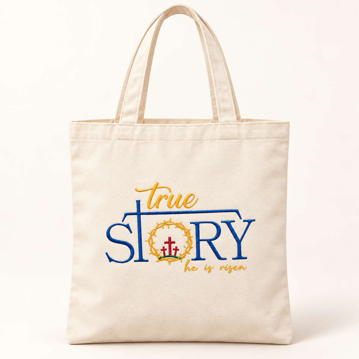 Embroidered Christian Tote Bag, He is Risen Canvas Faith Bag — styled product mockup on cream background