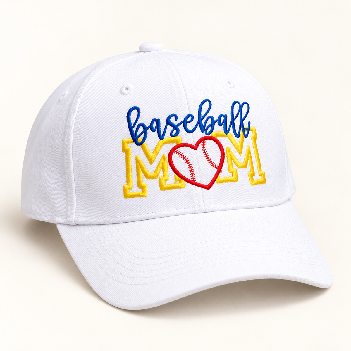 Embroidered Baseball Mom Hat | Sports Mom Cap, Team Colors Available — styled product mockup on cream background