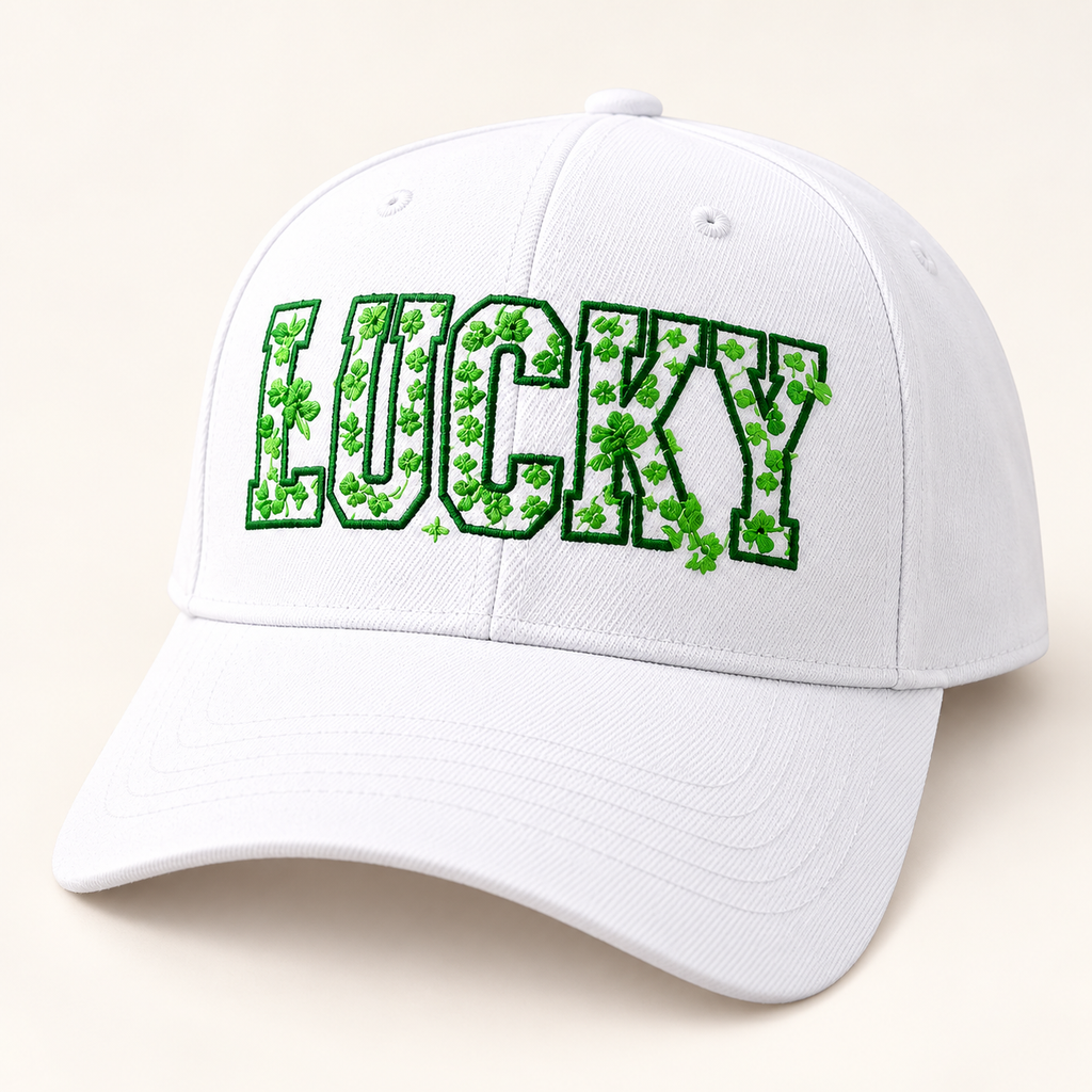 Embroidered Lucky Shamrock Baseball Cap, St. Patrick's Day Irish Clover Hat — styled product mockup on cream background