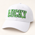Embroidered Lucky Shamrock Baseball Cap, St. Patrick's Day Irish Clover Hat — styled product mockup on cream background