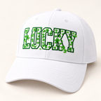 Embroidered Lucky Shamrock Baseball Cap, St. Patrick's Day Irish Clover Hat — styled product mockup on cream background