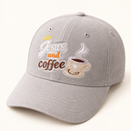 Jesus and Coffee Embroidered Baseball Cap, Faith Coffee Lover Hat — styled product mockup on cream background