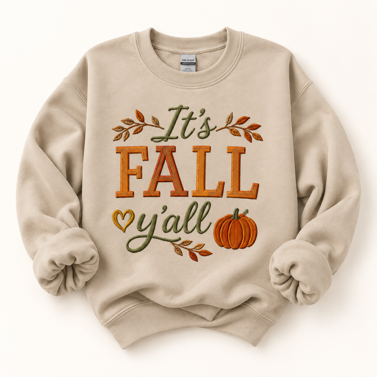 It’s Fall Y’all Embroidered Hoodie | Cozy Fall Crewneck Sweatshirt — styled product mockup on cream background