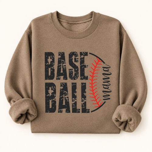Baseball Mama Distressed Graphic Sweatshirt | Game Day Sports Mom Apparel — styled product mockup on cream background