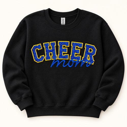 Cheer Mom Glitter Appliqué Sweatshirt | School Spirit Apparel — styled product mockup on cream background