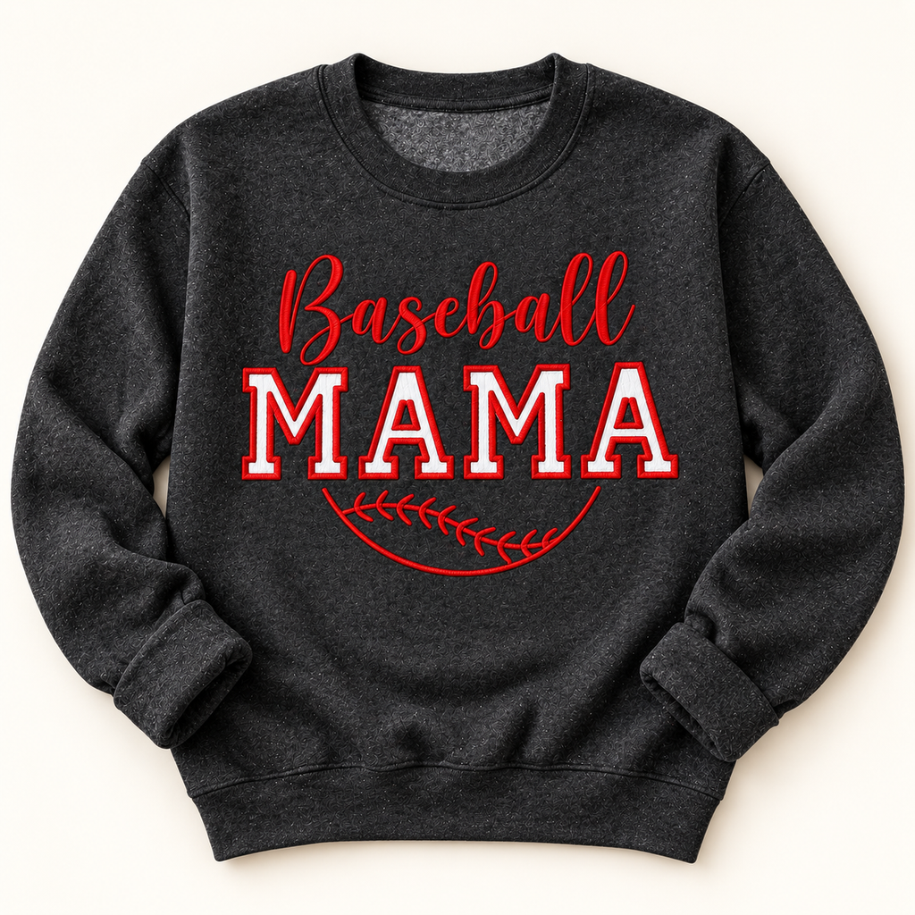 Baseball Mama Embroidered Sweatshirt | Custom Team Colors Game Day Apparel — styled product mockup on cream background