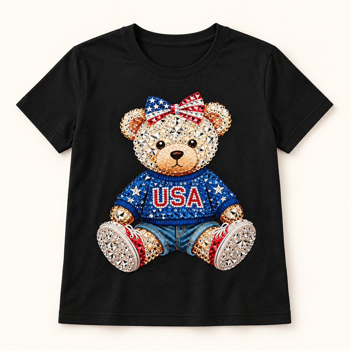 USA Rhinestone Bear Shirt | Patriotic Teddy Bear T-Shirt, Toddler Youth Adult — styled product mockup on cream background