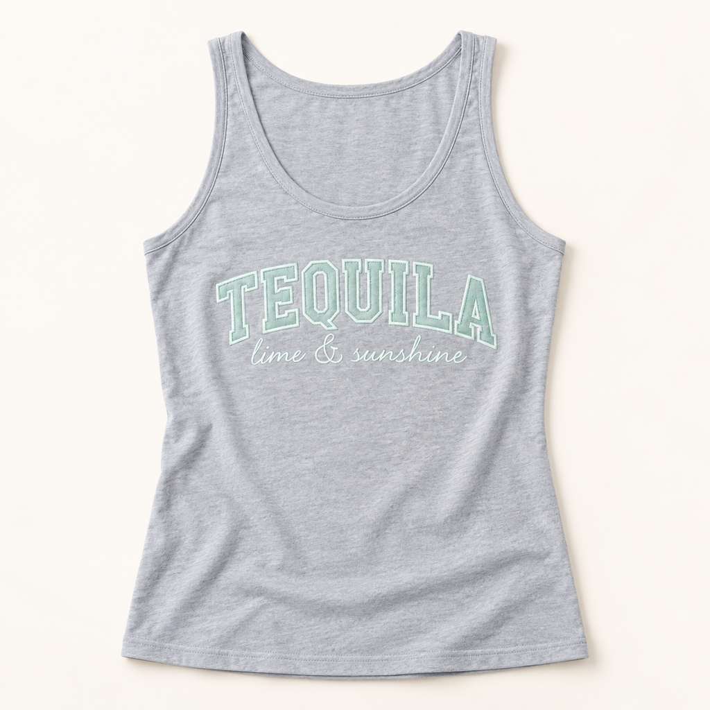 Tequila Lime Sunshine Tank Top | Embroidered Summer Beach Vibes Shirt — styled product mockup on cream background
