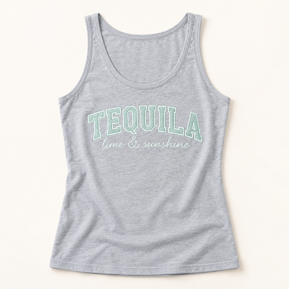 Tequila Lime Sunshine Tank Top | Embroidered Summer Beach Vibes Shirt — styled product mockup on cream background