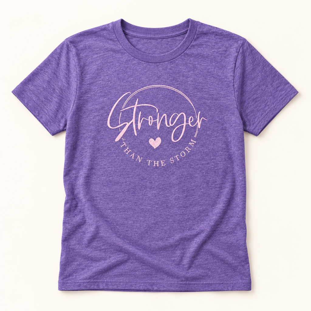 Embroidered Stronger Than Storm Tee | Inspirational Mental Health Awareness Shirt — styled product mockup on cream background