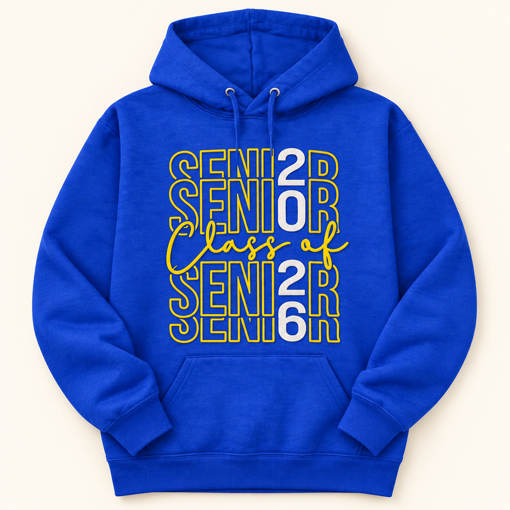 Senior Class of 2026 Embroidered Hoodie | Custom School Colors Graduation Tee — styled product mockup on cream background