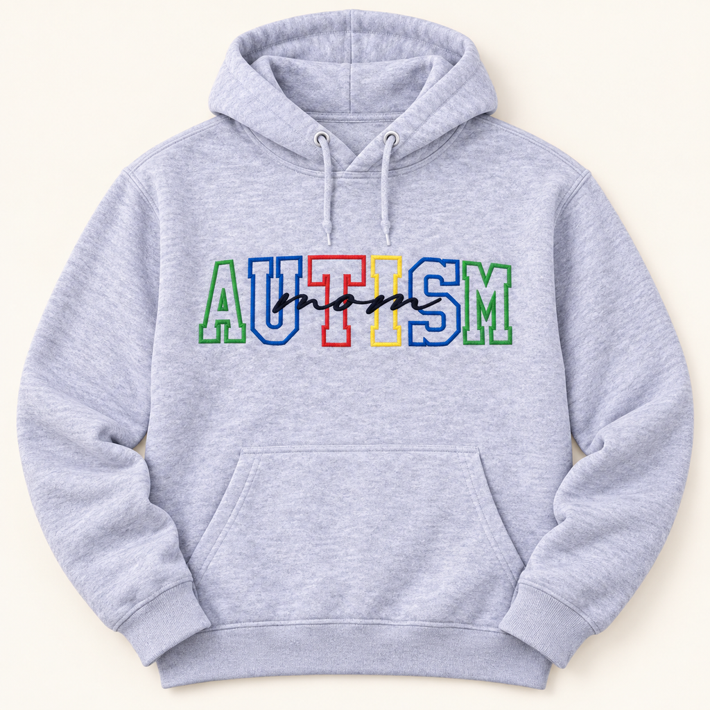 Embroidered Autism Mom Hoodie | Awareness Sweatshirt, Unisex Fit — styled product mockup on cream background
