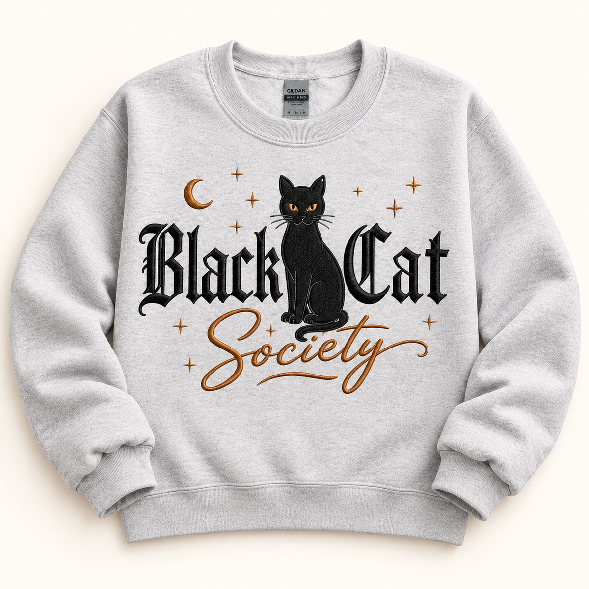 Glittery Black Cat Applique Sweatshirt | Black Cat Society Hoodie for Cat Lovers — styled product mockup on cream background
