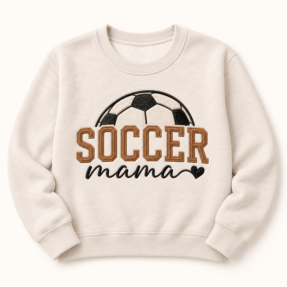 Soccer Mama Heart Embroidered Crewneck or Hoodie — styled product mockup on cream background