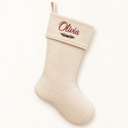 Personalized Embroidered Christmas Stocking – Custom Name — styled product mockup on cream background