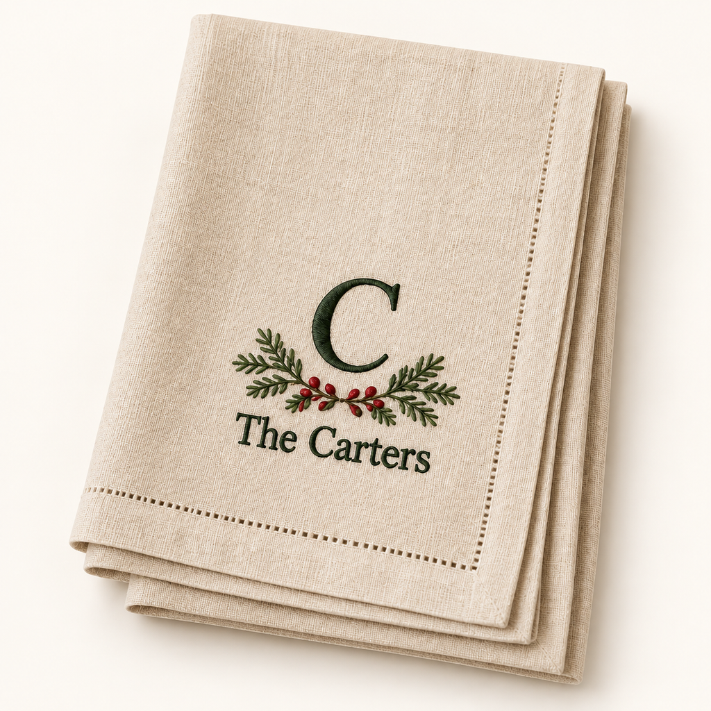 Personalized Embroidered Christmas Napkin Set – Family Monogram — styled product mockup on cream background