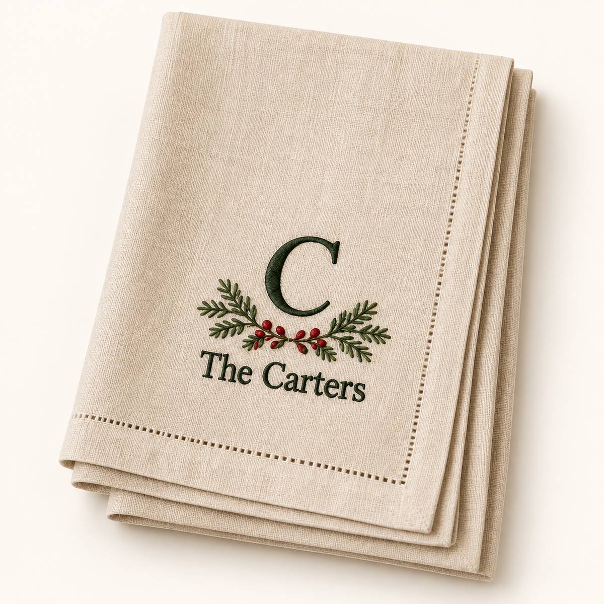 Personalized Embroidered Christmas Napkin Set – Family Monogram — styled product mockup on cream background