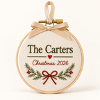 Personalized Embroidered Christmas Ornament – Family Name & Year — styled product mockup on cream background