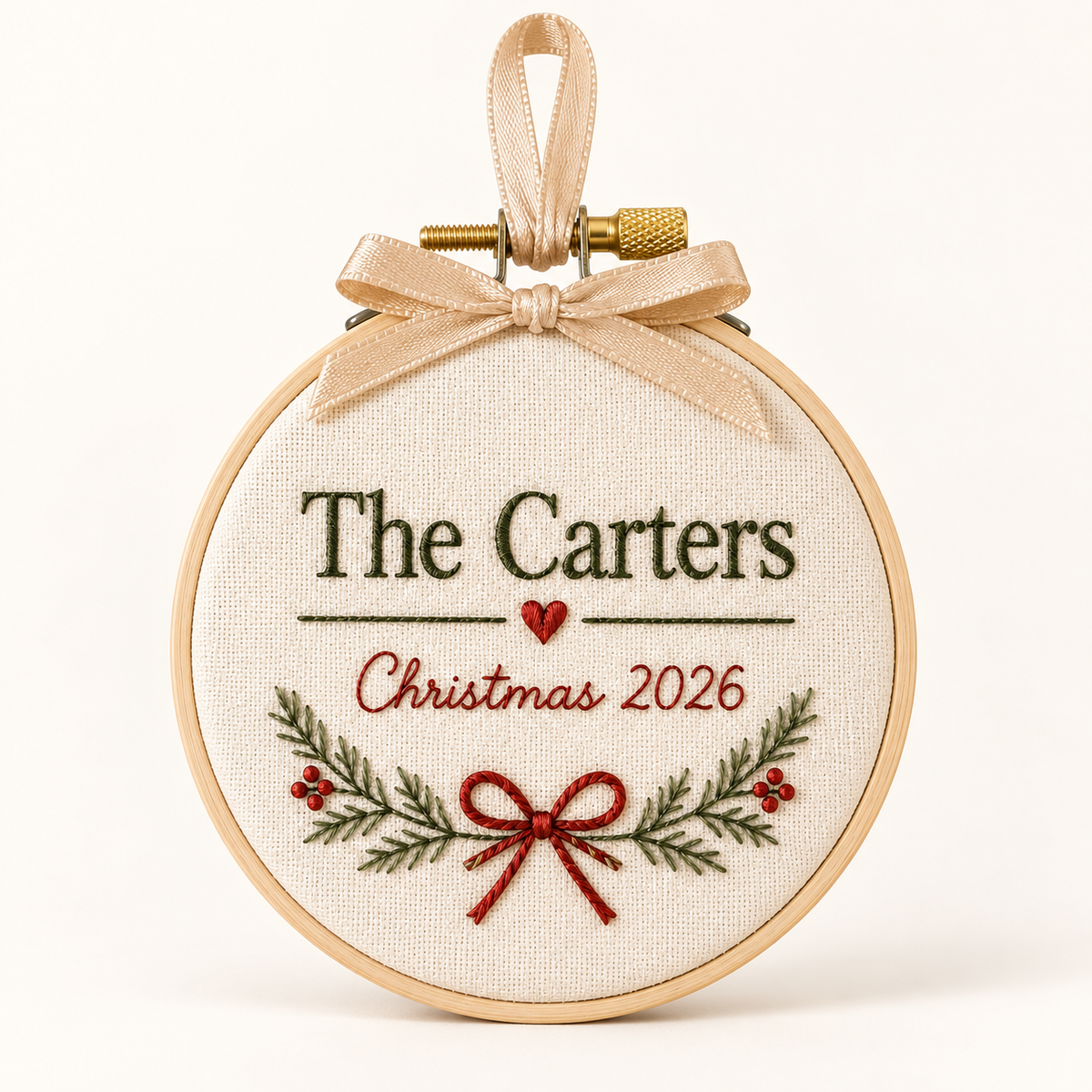 Personalized Embroidered Christmas Ornament – Family Name & Year — styled product mockup on cream background