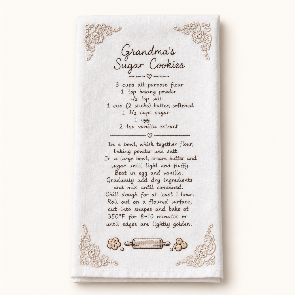 Custom Embroidered Handwritten Recipe Towel – Family Keepsake — styled product mockup on cream background