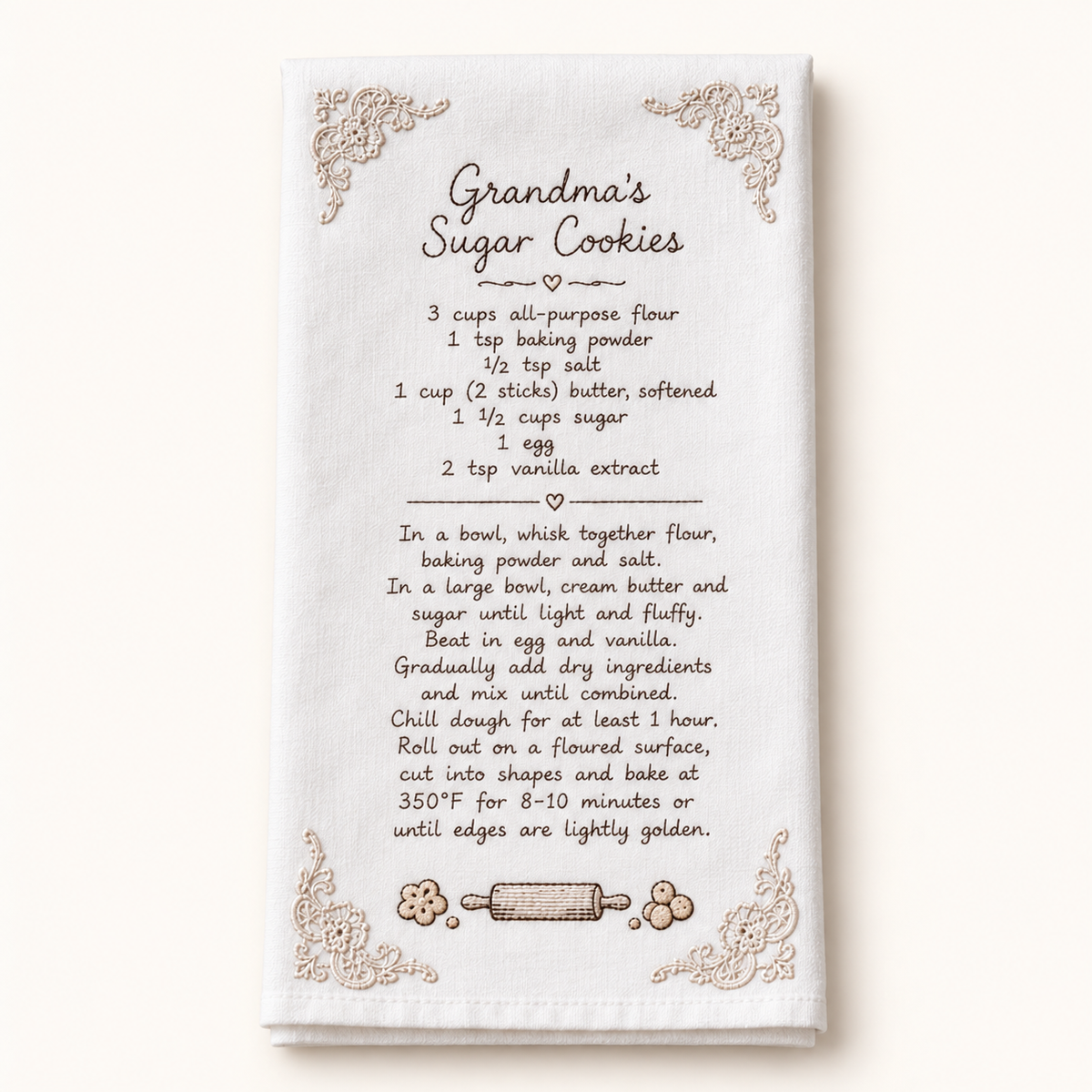 Custom Embroidered Handwritten Recipe Towel – Family Keepsake — styled product mockup on cream background