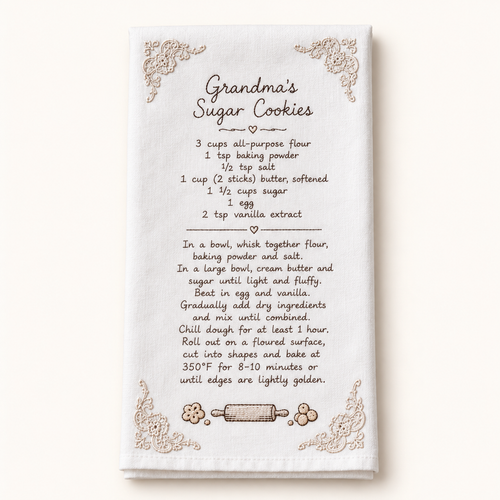 Custom Embroidered Handwritten Recipe Towel – Family Keepsake — styled product mockup on cream background