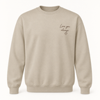 Gildan 18000 in Sand — illustrative Love you always handwriting embroidery on left chest