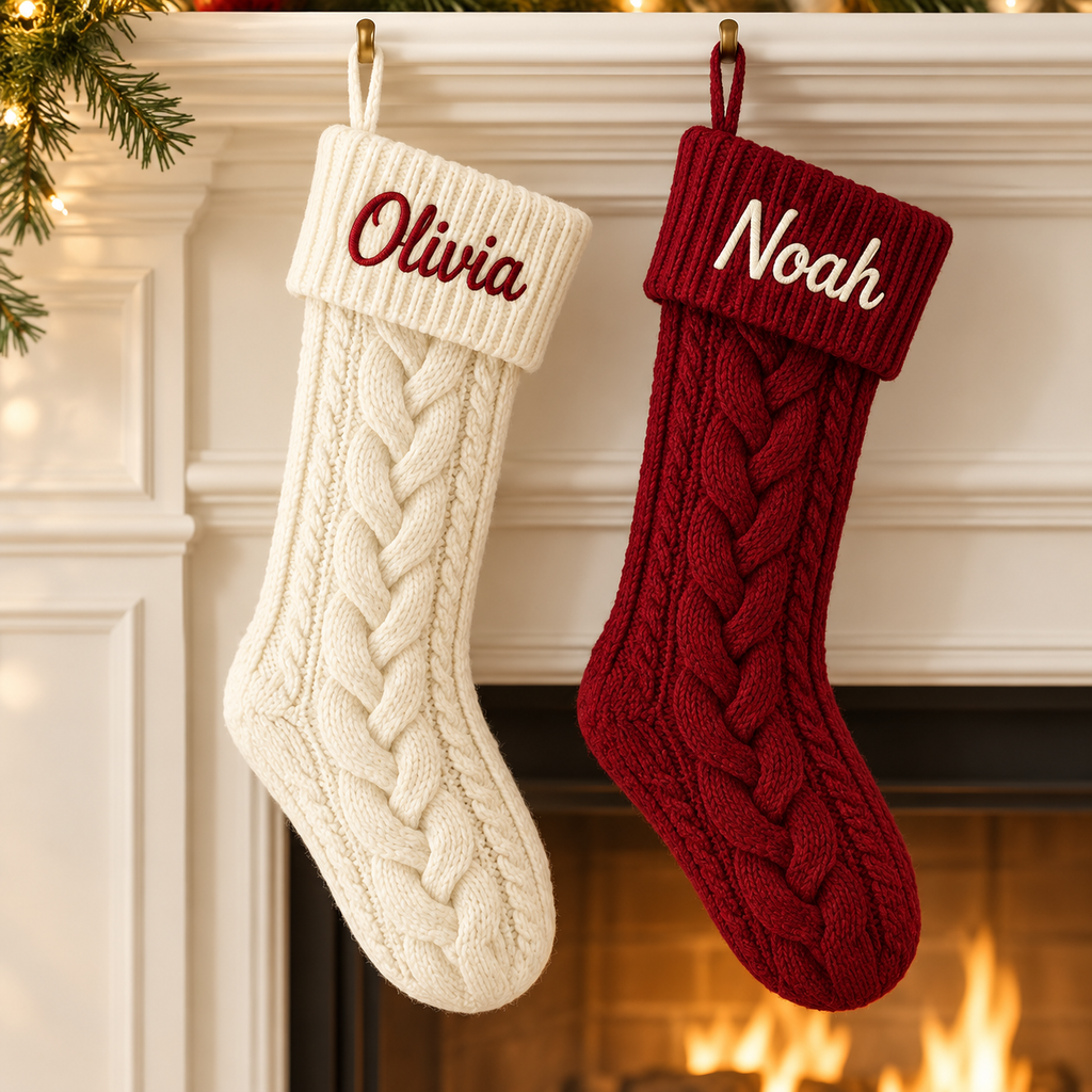 Illustrative mockup of white and red cable-knit Christmas stockings with names embroidered across ribbed cuffs
