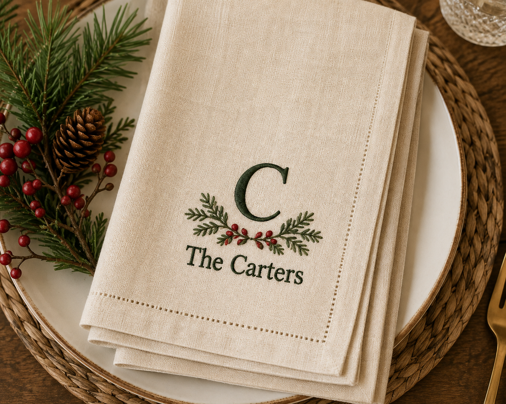 Personalized Embroidered Christmas Napkin Set – Family Monogram – example personalized embroidery