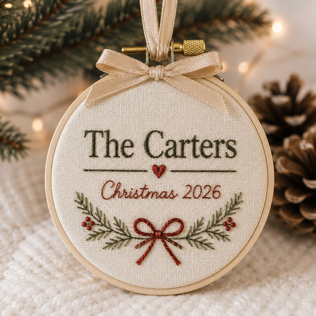 Personalized Embroidered Christmas Ornament – Family Name & Year – example personalized embroidery