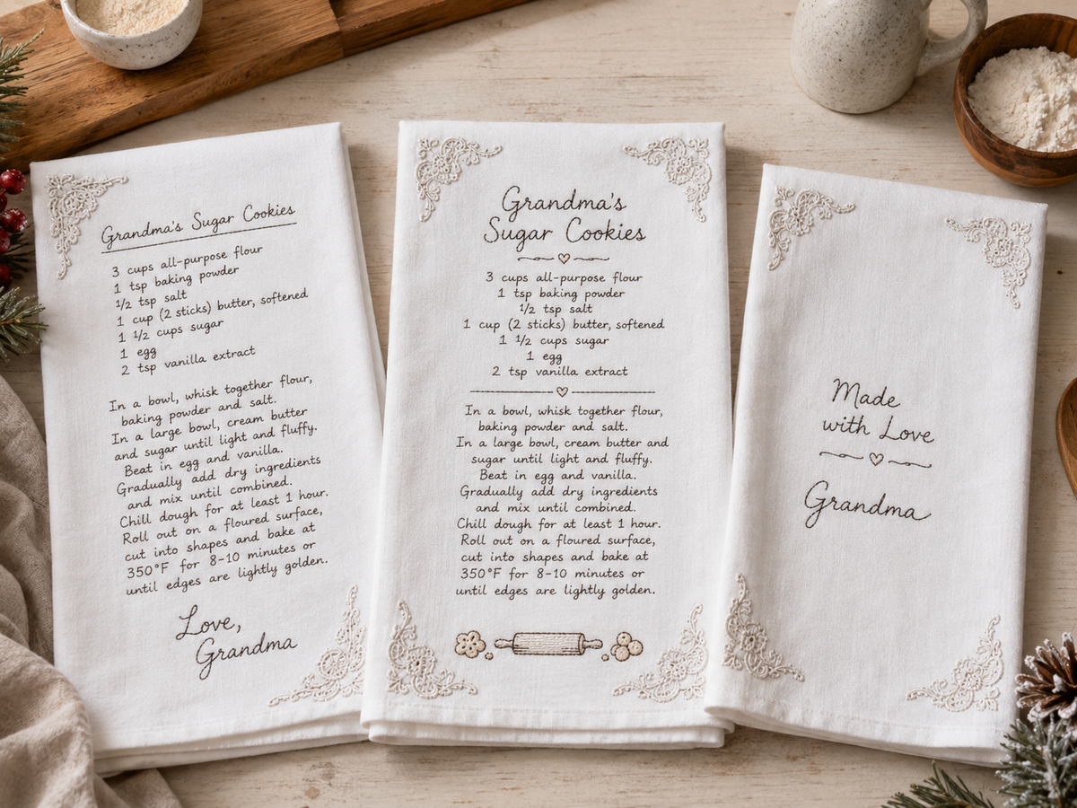 Custom Embroidered Handwritten Recipe Towel – Family Keepsake – example personalized embroidery