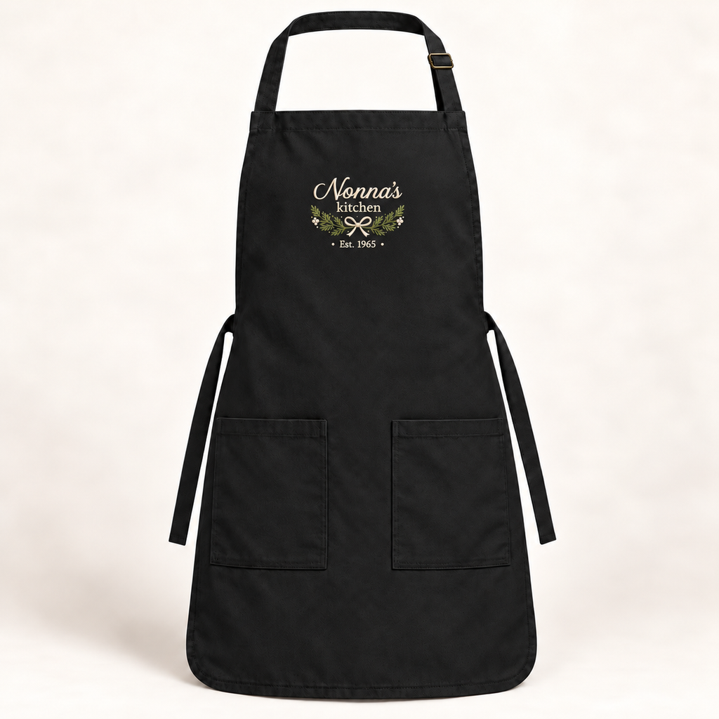 Black Q-Tees Q4350 apron with personalized upper bib embroidery — digital mockup