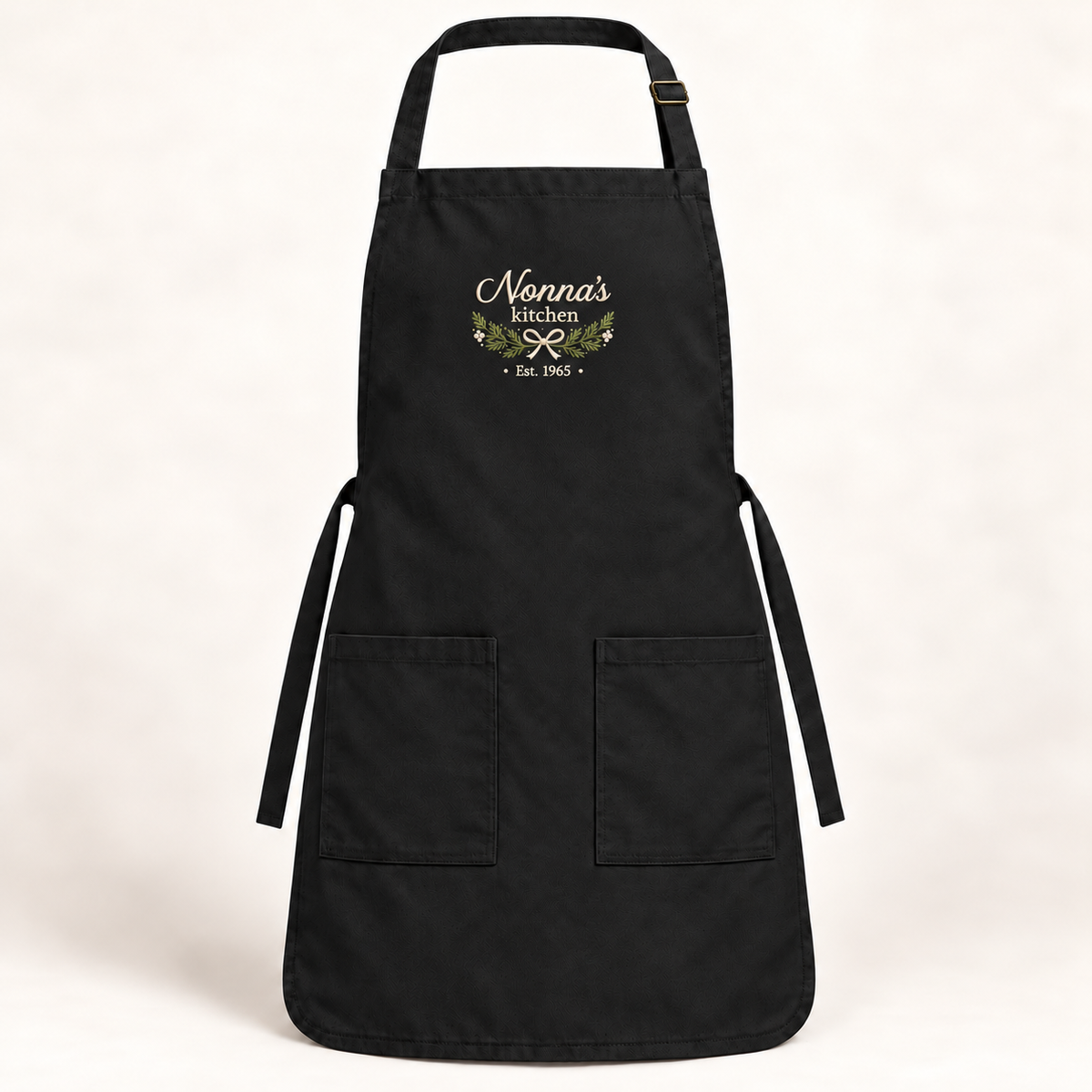 Black Q-Tees Q4350 apron with personalized upper bib embroidery — digital mockup