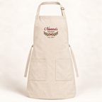 Natural Q-Tees Q4350 apron with personalized upper bib embroidery — digital mockup