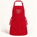 Red Q-Tees Q4350 apron with contrasting cream personalized embroidery — digital mockup