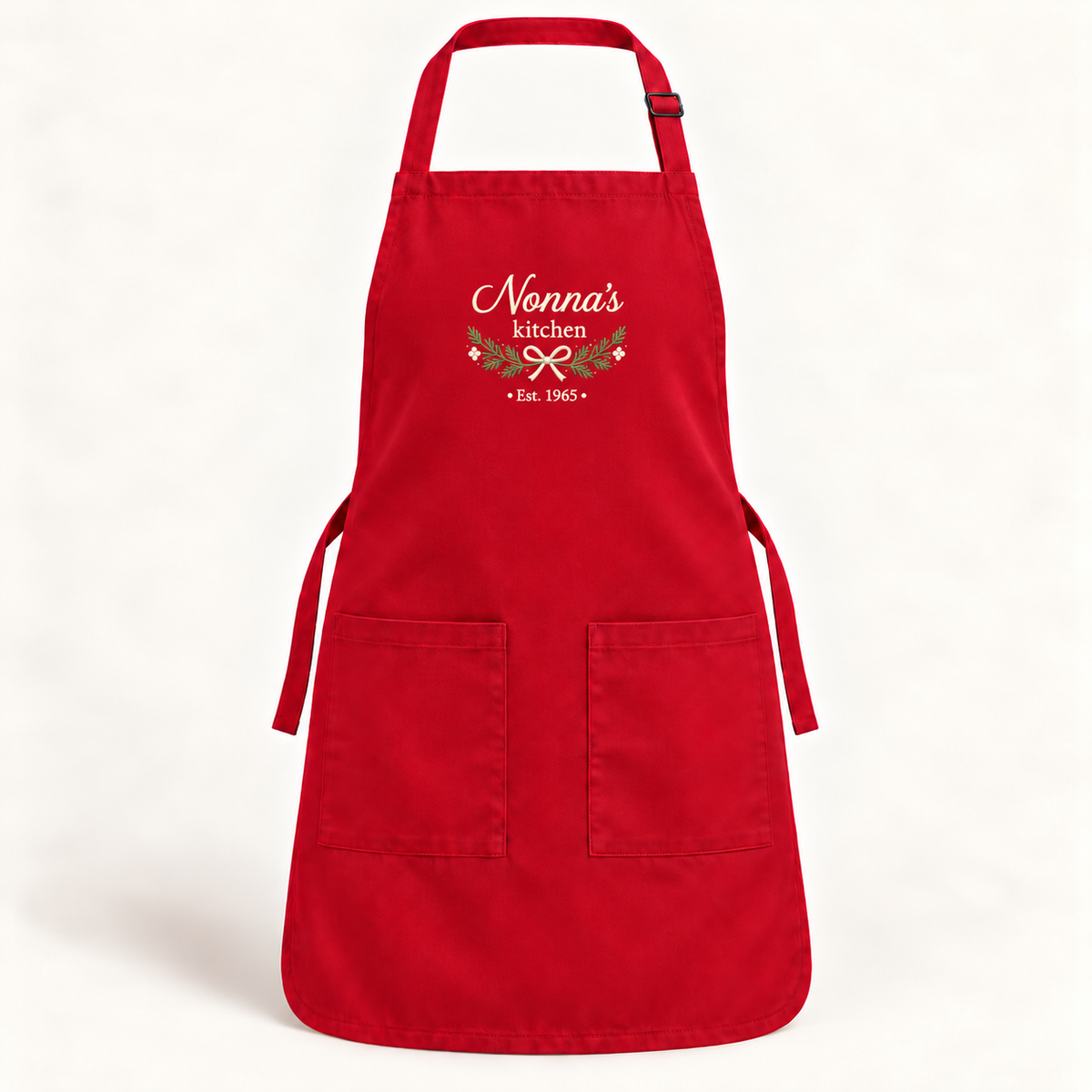 Red Q-Tees Q4350 apron with contrasting cream personalized embroidery — digital mockup