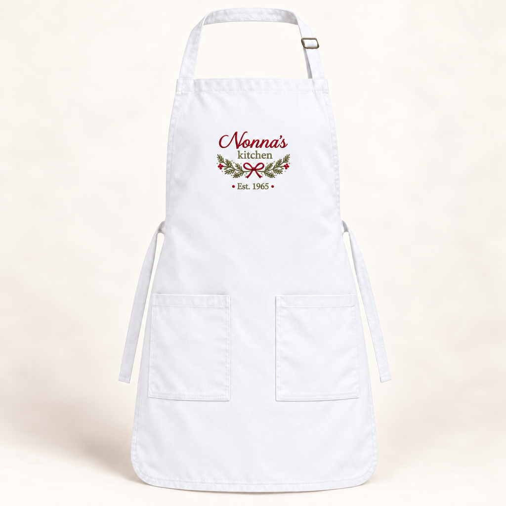 White Q-Tees Q4350 apron with personalized upper bib embroidery — digital mockup