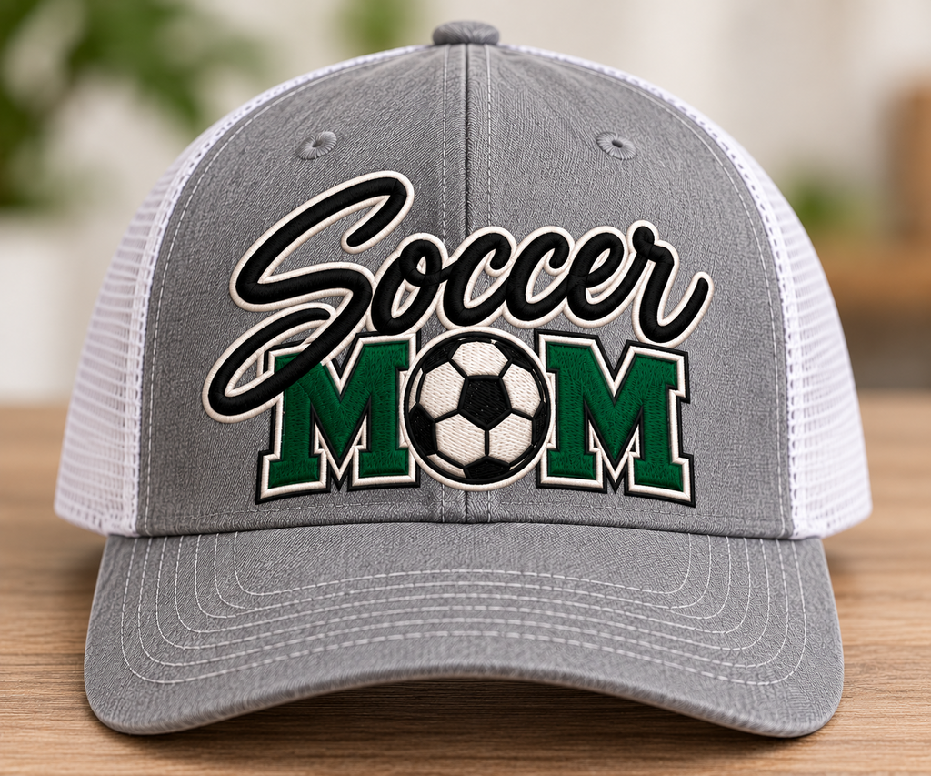 Soccer Mom hat mockup in heather gray and white with green, black and white design